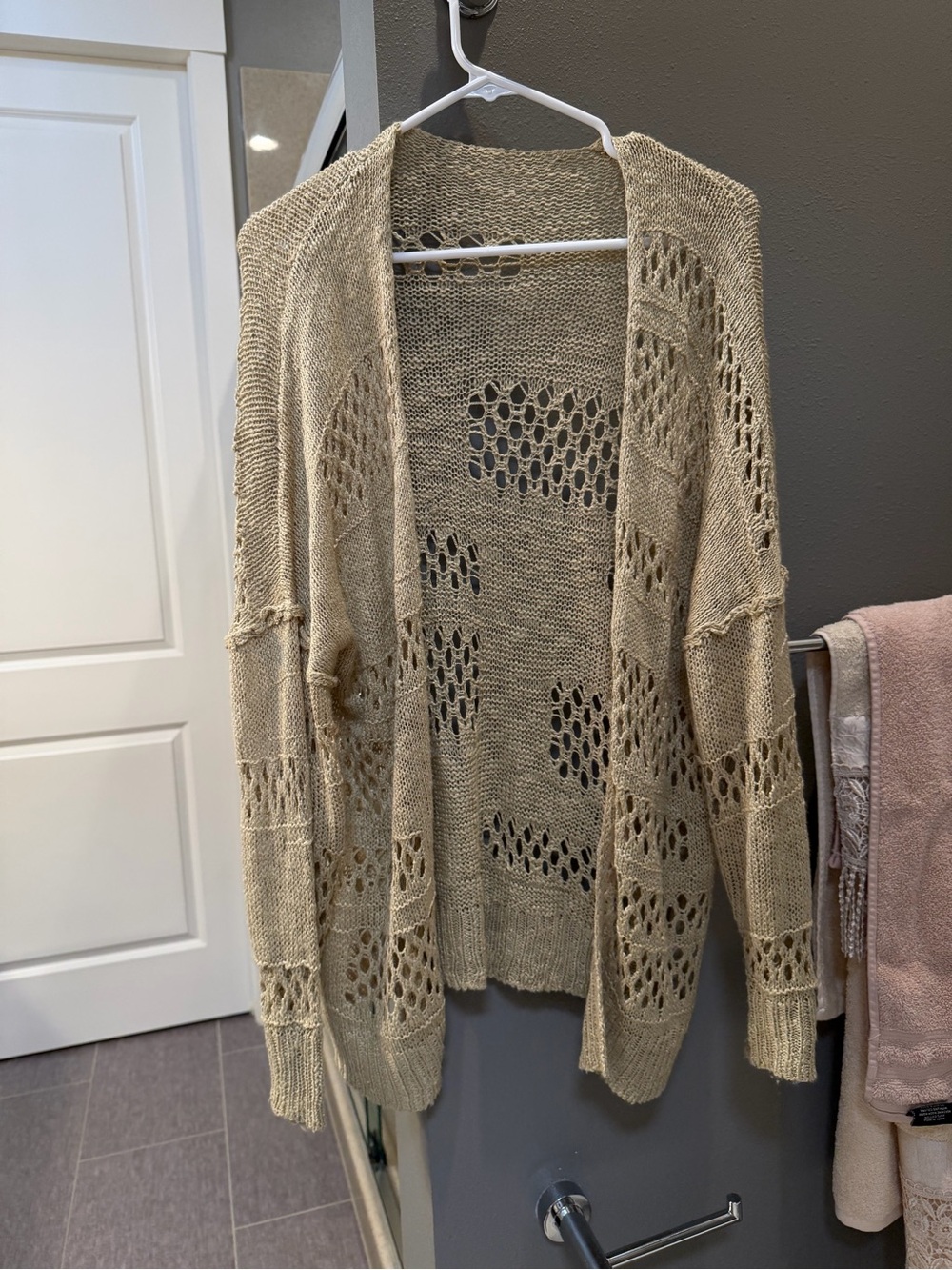 Light Beige Open-Knit Women's Cardigan Sweater